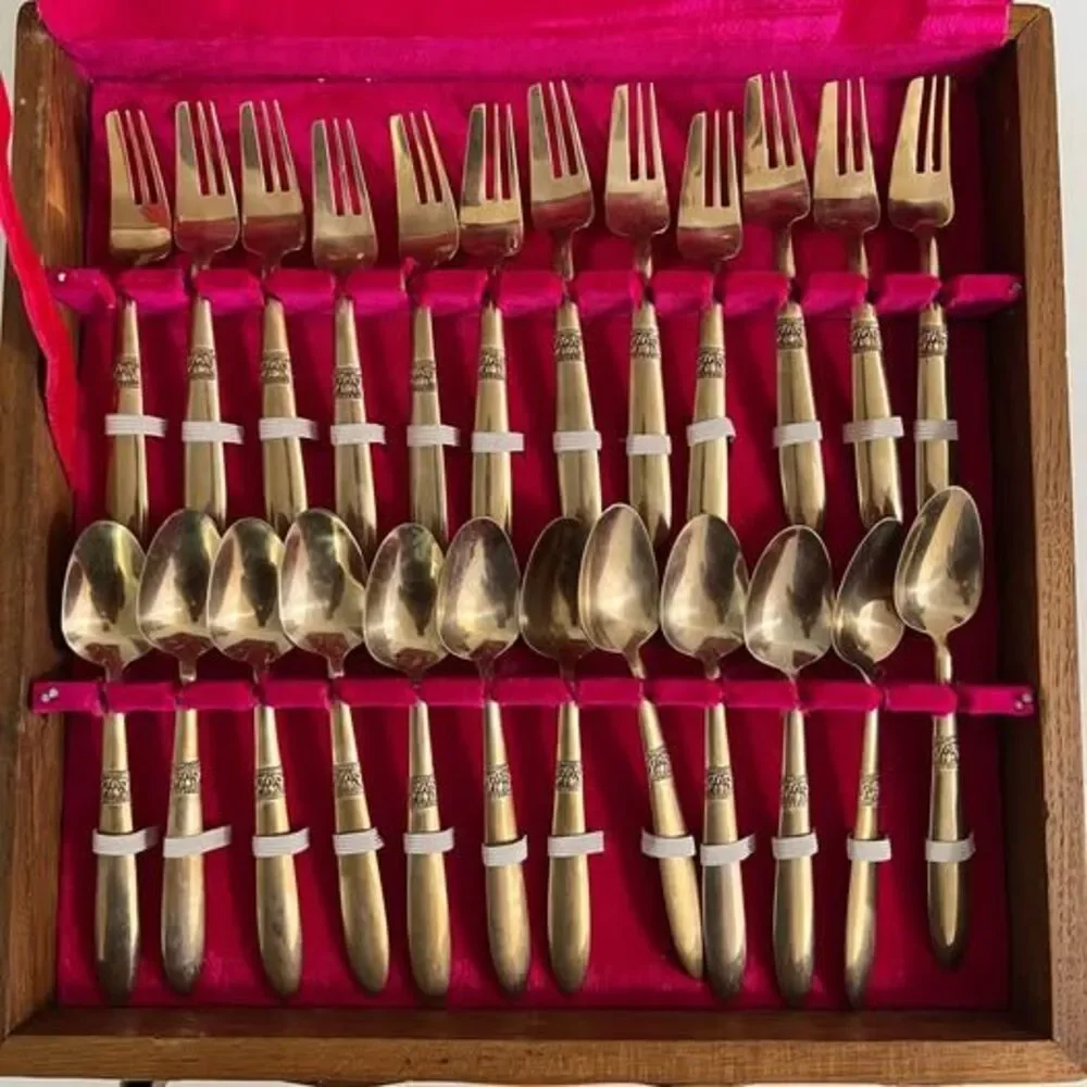 Vintage 27 Pcs Bronze Dessert Flatware Set Brief Case by S. Samran Thailand Co.